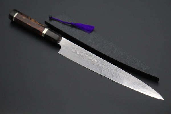 Fu-Rin-Ka-Zan Wa Sujihiki FRDYP-54 Wa Sujihiki 240mm (9.4 Inch) Fu-Rin-Ka-Zan YUTAKA 豊佳 Series R-2 Damascus Edition FRDYP-54 Wa Sujihiki 240mm (9.4 Inch, Octagonal Desert Ironwood Handle with Nickel Silver Spacers and a Black-Golden-Color Turquoise Gem Composite Stone Ferrule & Butt)