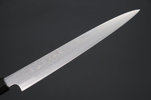 Fu-Rin-Ka-Zan Wa Sujihiki FRDYP-54 Wa Sujihiki 240mm (9.4 Inch) Fu-Rin-Ka-Zan YUTAKA 豊佳 Series R-2 Damascus Edition FRDYP-54 Wa Sujihiki 240mm (9.4 Inch, Octagonal Desert Ironwood Handle with Nickel Silver Spacers and a Black-Golden-Color Turquoise Gem Composite Stone Ferrule & Butt)