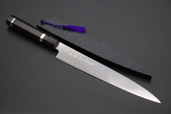 Fu-Rin-Ka-Zan Wa Sujihiki FRDYP-55 Wa Sujihiki 240mm (9.4 Inch) Fu-Rin-Ka-Zan YUTAKA 豊佳 Series R-2 Damascus Edition FRDYP-55 Wa Sujihiki 240mm (9.4 Inch, Octagonal Ebonywood Handle with Nickel Silver Spacers and a Black-Golden-Color Turquoise Gem Composite Stone Ferrule & Butt)