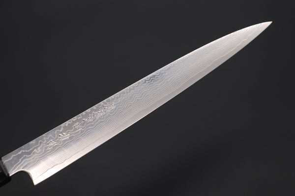 Fu-Rin-Ka-Zan Wa Sujihiki FRDYP-55 Wa Sujihiki 240mm (9.4 Inch) Fu-Rin-Ka-Zan YUTAKA 豊佳 Series R-2 Damascus Edition FRDYP-55 Wa Sujihiki 240mm (9.4 Inch, Octagonal Ebonywood Handle with Nickel Silver Spacers and a Black-Golden-Color Turquoise Gem Composite Stone Ferrule & Butt)