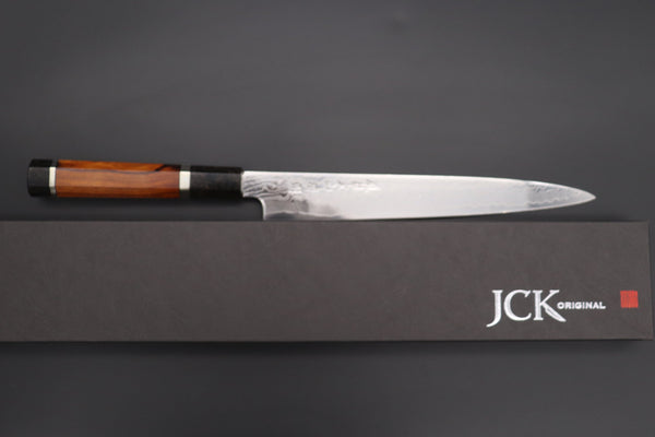 Fu-Rin-Ka-Zan Wa Sujihiki FRDYP-57 Wa Sujihiki 240mm (9.4 Inch) Fu-Rin-Ka-Zan YUTAKA 豊佳 Series R-2 Damascus Edition FRDYP-57 Wa Sujihiki 240mm (9.4 Inch, Octagonal Desert Ironwood Handle with Nickel Silver Spacers and a Black-Golden-Color Turquoise Gem Composite Stone Ferrule & Butt)