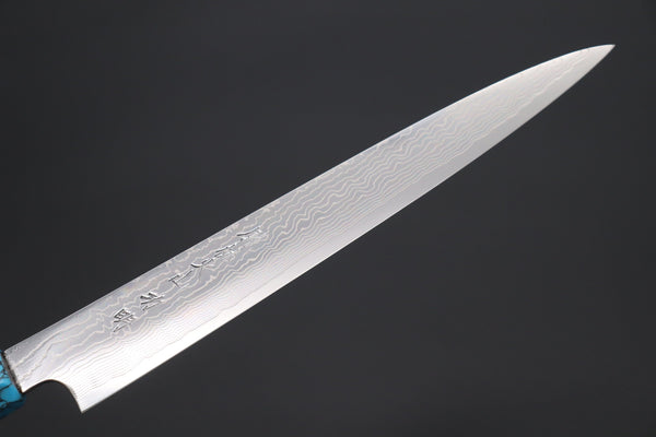 Fu-Rin-Ka-Zan Wa Sujihiki FRDYP-59 Wa Sujihiki 240mm (9.4 Inch) Fu-Rin-Ka-Zan YUTAKA 豊佳 Series R-2 Damascus Edition FRDYP-59 Wa Sujihiki 240mm (9.4 Inch, Octagonal Desert Ironwood Handle with Nickel Silver Spacers and a Turquoise Gem Composite Stone Ferrule & Butt)