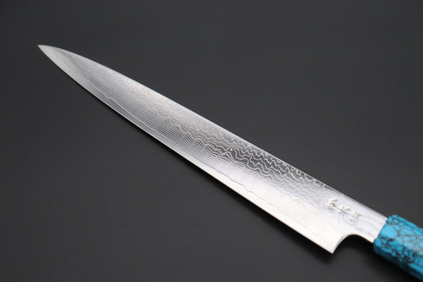 Fu-Rin-Ka-Zan Wa Sujihiki FRDYP-59 Wa Sujihiki 240mm (9.4 Inch) Fu-Rin-Ka-Zan YUTAKA 豊佳 Series R-2 Damascus Edition FRDYP-59 Wa Sujihiki 240mm (9.4 Inch, Octagonal Desert Ironwood Handle with Nickel Silver Spacers and a Turquoise Gem Composite Stone Ferrule & Butt)