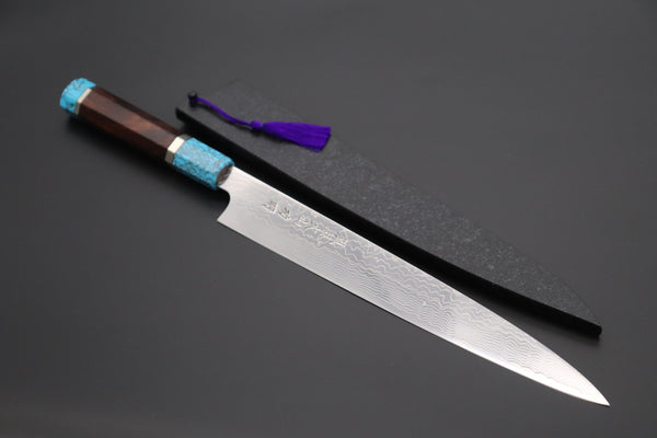 Fu-Rin-Ka-Zan Wa Sujihiki FRDYP-60 Wa Sujihiki 240mm (9.4 Inch) Fu-Rin-Ka-Zan YUTAKA 豊佳 Series R-2 Damascus Edition FRDYP-60 Wa Sujihiki 270mm (10.6 Inch, Octagonal Desert Ironwood Handle with Nickel Silver Spacers and a Turquoise Gem Composite Stone Ferrule & Butt)