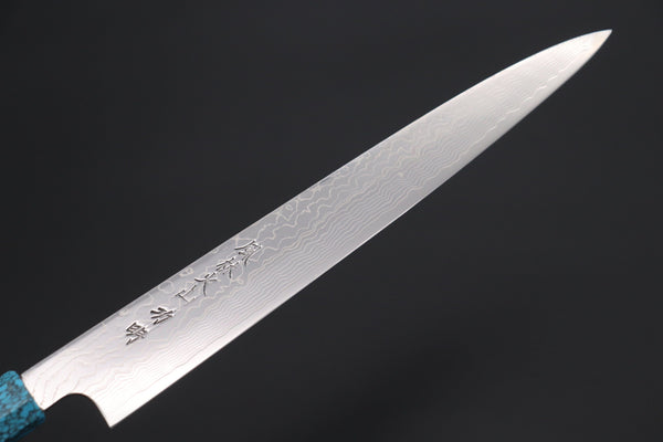 Fu-Rin-Ka-Zan Wa Sujihiki FRDYP-60 Wa Sujihiki 240mm (9.4 Inch) Fu-Rin-Ka-Zan YUTAKA 豊佳 Series R-2 Damascus Edition FRDYP-60 Wa Sujihiki 270mm (10.6 Inch, Octagonal Desert Ironwood Handle with Nickel Silver Spacers and a Turquoise Gem Composite Stone Ferrule & Butt)