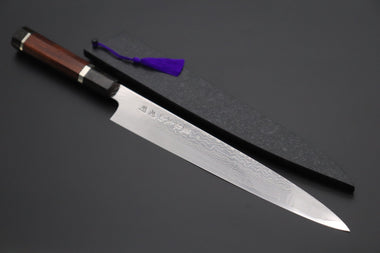 Fu-Rin-Ka-Zan Wa Sujihiki FRDYP-61 Wa Sujihiki 240mm (9.4 Inch) Fu-Rin-Ka-Zan YUTAKA 豊佳 Series R-2 Damascus Edition FRDYP-61 Wa Sujihiki 270mm (10.6 Inch, Octagonal Desert Ironwood Handle with Nickel Silver Spacers and a Black-Golden-Color Turquoise Gem Composite Stone Ferrule & Butt)