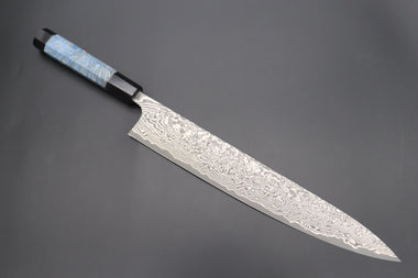 Fu-Rin-Ka-Zan Wa Sujihiki FRYP-47 Wa Sujihiki 270mm (10.6 inch) Fu-Rin-Ka-Zan YUTAKA 豊佳 Series R-2 Damascus Edition FRYP-47 Wa Sujihiki 270mm (10.6 inch, Ocean Blue Color Stabilized Maple Burl Wood Handle)