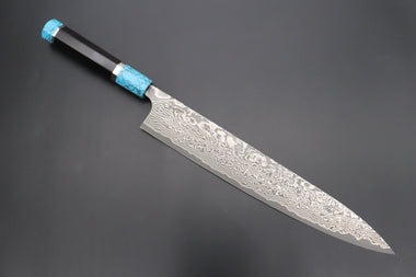 Fu-Rin-Ka-Zan Wa Sujihiki FRYP-51 Wa Sujihiki 270mm (10.6 inch) Fu-Rin-Ka-Zan YUTAKA 豊佳 Series R-2 Damascus Edition FRYP-51 Wa Sujihiki 270mm (10.6 inch, Octagon Shaped Ebonywood Handle with Turquoise Composite Stone Ferrule & Butt)