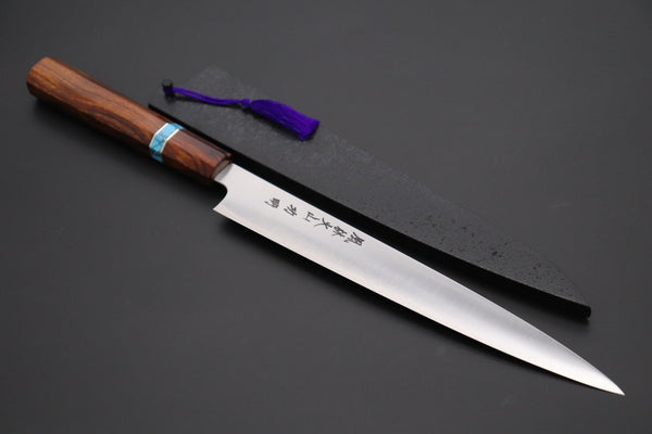 Fu-Rin-Ka-Zan Wa Sujihiki FR2YP-49 Wa Sujihiki 240mm (9.4 Inch) Fu-Rin-Ka-Zan YUTAKA 豊佳 Series R-2 Edition FR2YP-49 Wa Sujihiki 240mm (9.4 Inch, Octagonal Desert Ironwood Handle with Composite Turquoise Gemstone Ring and Nickel Silver Spacers)