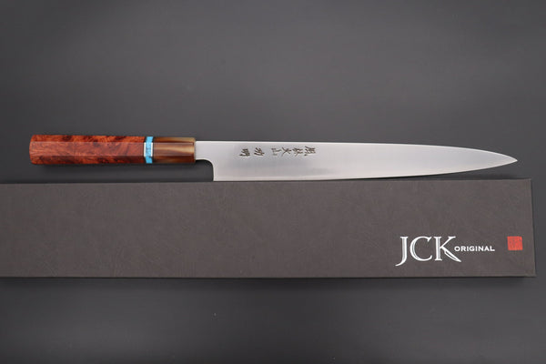 Fu-Rin-Ka-Zan Wa Sujihiki FR2YP-54 Wa Sujihiki 270mm (10.6 Inch) Fu-Rin-Ka-Zan YUTAKA 豊佳 Series R-2 Edition FR2YP-54 Wa Sujihiki 270mm (10.6 Inch, Octagonal Bubinga Burl Wood Handle with Marble Color Water Buffalo Horn Ferrule and Composite Turquoise Gemstone Ring and Nickel Silver Spacers)
