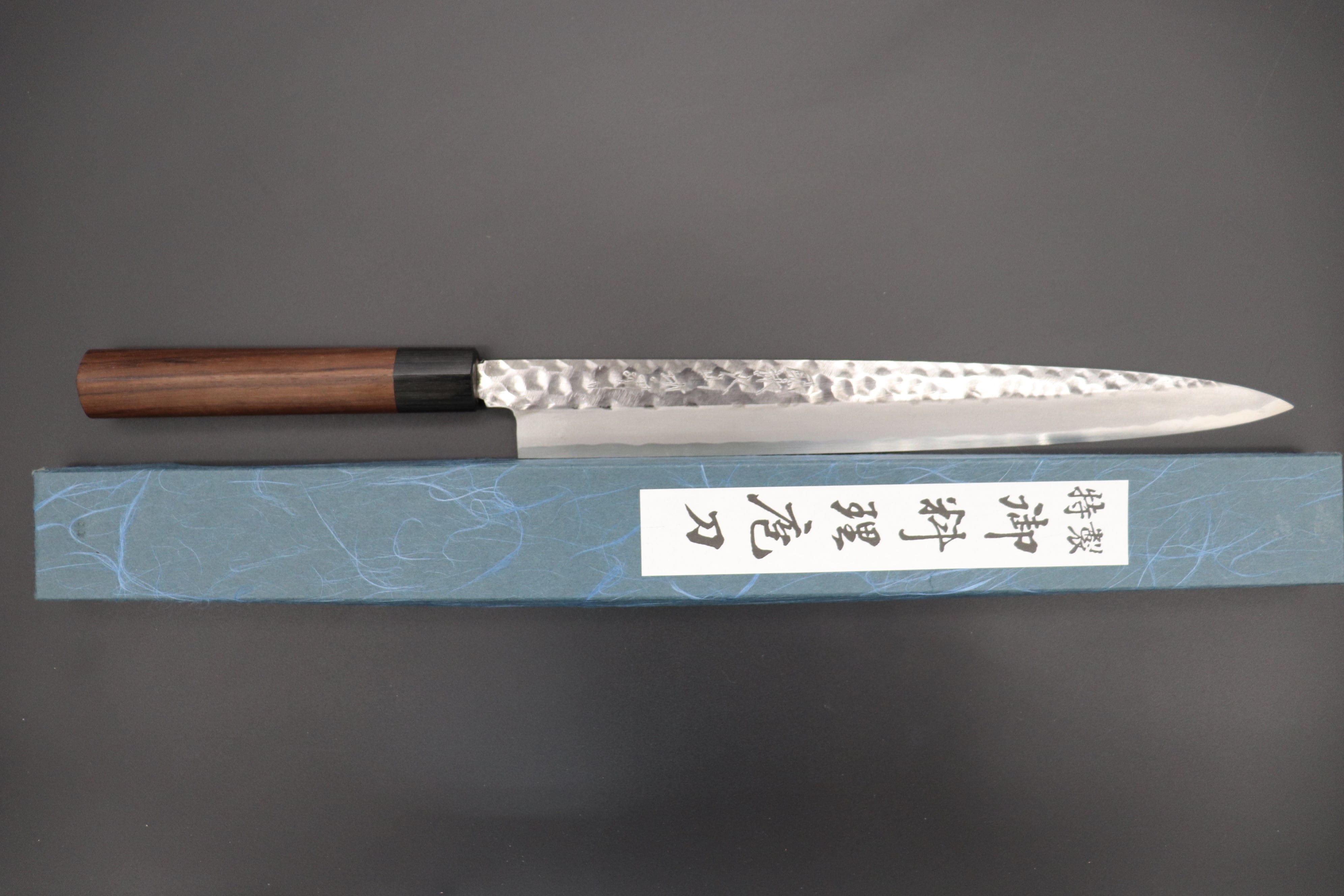 Fu-Rin-Ka-Zan White Steel No.2 (Special Tsuchime Finish) Yanagiba (D Shaped  Red-Sandal Wood Handle with Black Pakka Wood Ferrules, 240mm to 300mm, 3 