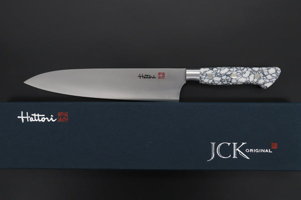 Hattori Gyuto Hattori Forums Custom Limited Edition, FH "NOAH" Series FHN-6SPWT Gyuto 210mm (8.2 Inch, White Turquoise Gem-Composite-stone Handle)