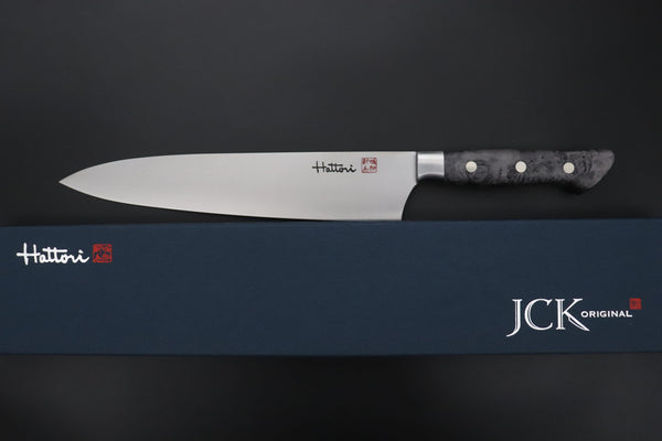 Hattori Gyuto FHN-7SPBLACK Gyuto 240mm (9.4inch) Hattori Forums FH "NOAH" Series Custom Limited Edition FHN-7SPBLACK Gyuto 240mm (9.4 Inch, Black Color Stabilized Box Elder Wood Handle)