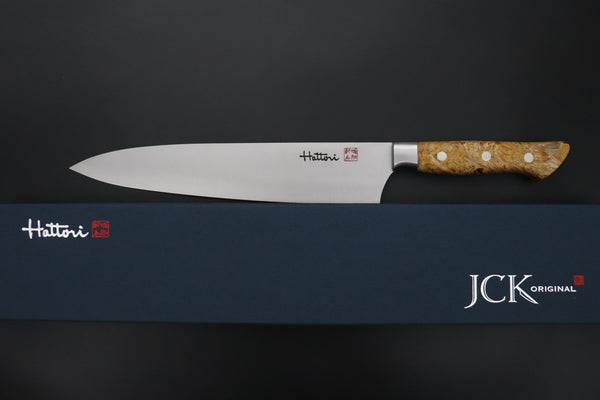 Hattori Gyuto FHN-7SPBURL Gyuto 240mm (9.4inch) Hattori Forums FH "NOAH" Series Custom Limited Edition FHN-7SPBURL Gyuto 240mm (9.4 Inch, Stabilized Box Elder Wood Handle)