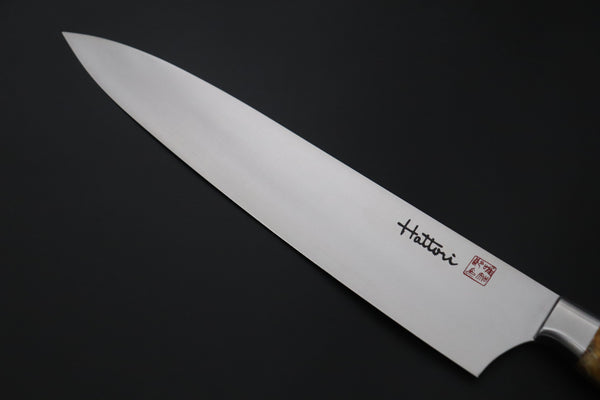 Hattori Gyuto FHN-7SPBURL Gyuto 240mm (9.4inch) Hattori Forums FH "NOAH" Series Custom Limited Edition FHN-7SPBURL Gyuto 240mm (9.4 Inch, Stabilized Box Elder Wood Handle)