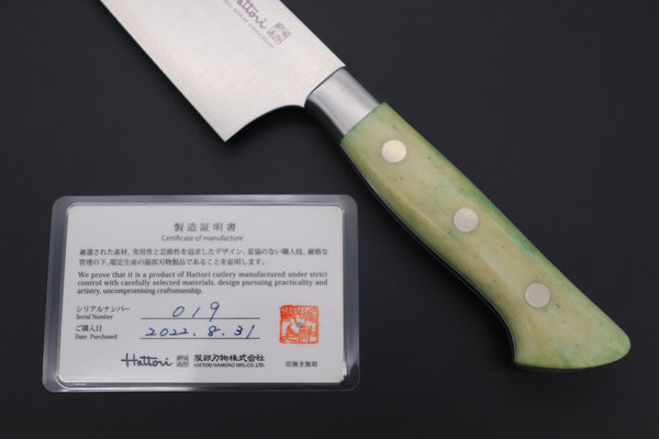 Hattori Gyuto Hattori 傘 SAN-GECKO Limited Edition GECKO-6B-6 Gyuto 210mm (8.2 Inch, Emerald Green Camel Bone Handle)