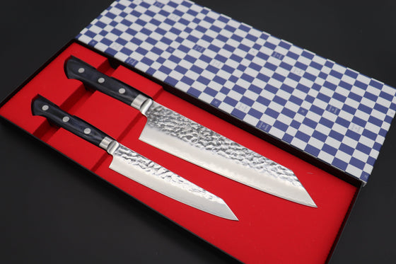 JCK Natures Bunka JCK Natures 青雲 Blue Clouds Series AUS-10 Tsuchime Hammered Kiritsuke Petty & Bunka (Kiritsuke) (BCP-2Pcs Knife Set, Royal Blue-Purple Pakka Wood Handle)