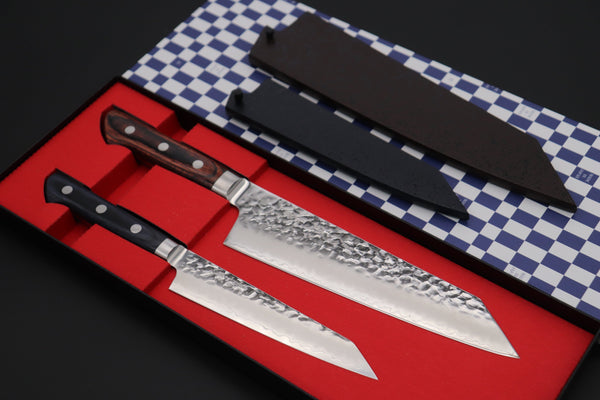 JCK Natures Bunka With Blue and Brown Lacquered Wooden Saya JCK Natures Gekko Gold & Blue Clouds Series AUS-10 Tsuchime Hammered Kiritsuke Petty & Bunka (Kiritsuke) (BCGG-2Pcs Knife Set)