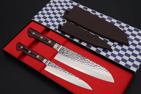 JCK Natures Santoku With Brown Lacquered Wooden Sayas JCK Natures Gekko Kagami Series VG-10 Tsuchime Damascus Petty 135mm & Santoku 180mm (GK-2Pcs Knife Set, Mahogany Wood Handle)