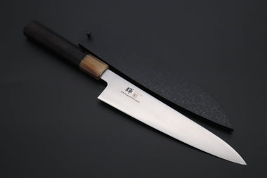 Kagayaki Wa Gyuto JCK Original Kagayaki 悠久VG-10 Wa Series Premium Edition YUK-6 Wa Gyuto 210mm (8.2 inch, Octagonal Ebonywood Handle with Marble/White Colored Water Buffalo Horn Ferrule)