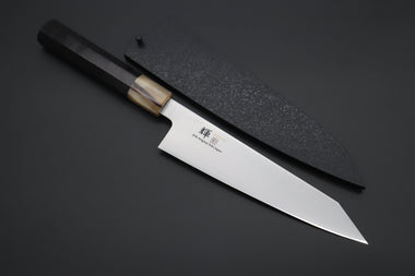 Kagayaki Wa Gyuto JCK Original Kagayaki 悠久VG-10 Wa Series Premium Edition YUK-8 Kiritsuke Gyuto 210mm (8.2 inch, Octagonal Ebonywood Handle with Marble/White Colored Water Buffalo Horn Ferrule)