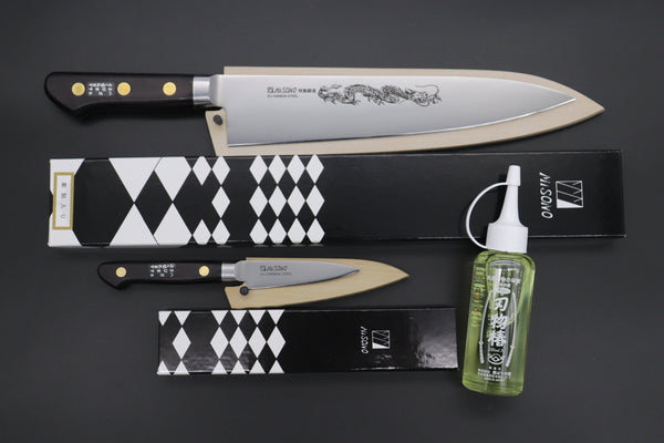 Misono Paring Misono Final Discount !! "Carbon Steel Lover 2Pcs Set" Sweden Steel Series No.134 Paring 80mm (3.1 inch) and No.113 Gyuto 240mm (9.4 Inch) (comes with Magnolia Wooden Sayas + Tsubaki Oil)