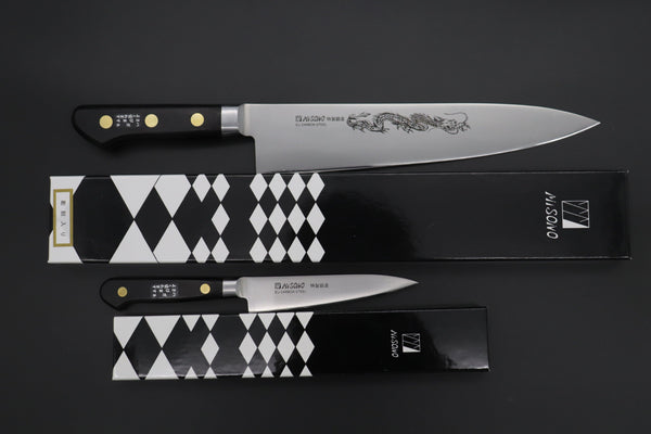 Misono Petty Misono Final Discount !! "Carbon Steel Lover 2Pcs Set Part 3" Sweden Steel Series No.131 Petty 120mm (4.7 inch) and No.113 Gyuto 240mm (9.4 Inch) (comes with Magnolia Wooden Sayas + Tsubaki Oil)