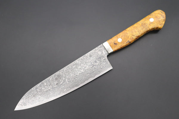 Mr. Itou Gyuto Mr. Itou R-2 Custom Damascus Gyuto 180mm (7 inch, Stabilized Yellow-color Maple Burl Wood Handle, IT-238)