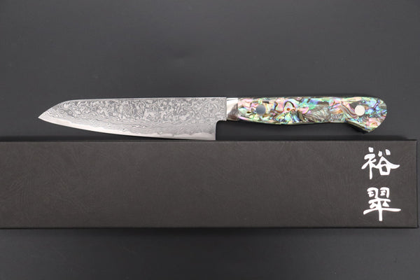 Mr. Itou Petty Mr. Itou & Mr. Nagata "Treasure & Pleasure" Limited Edition R-2 Custom Damascus Petty 130mm (5.1 inch, "Abalone Handle", IT-2)