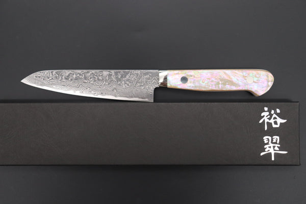 Mr. Itou Petty Mr. Itou & Mr. Nagata "Treasure & Pleasure" Limited Edition R-2 Custom Damascus Petty 135mm (5.3 inch, "White Abalone Handle", IT-1)