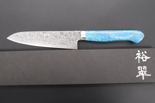 Mr. Itou Petty Mr. Itou R-2 Custom Damascus Petty 135mm (5.3 inch) "Golden Turquoise Gem-Composite Stone Handle" (IT-218)