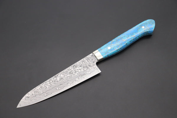 Mr. Itou Petty Mr. Itou R-2 Custom Damascus Petty 135mm (5.3 inch) "Golden Turquoise Gem-Composite Stone Handle" (IT-218)