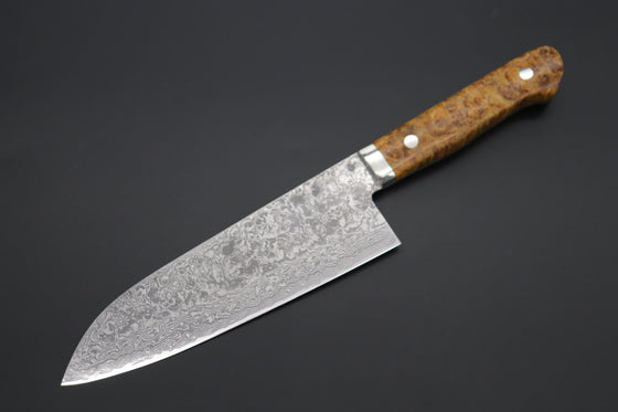 Mr. Itou Santoku Mr. Itou & Mr. Nagata "Treasure & Pleasure" Limited Edition R-2 Custom Damascus Santoku 175mm (6.8 inch, "Stabilized Boxelder wood Handle", IT-6)