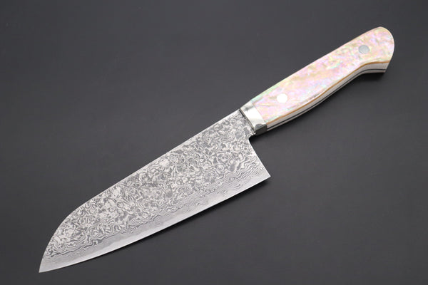 Mr. Itou Santoku Mr. Itou R-2 Custom Damascus Santoku 155mm (6.1 inch) "White Abalone Handle" (IT-223)