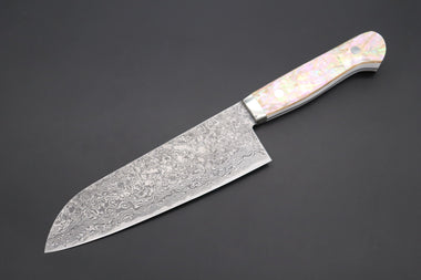 Mr. Itou Santoku Mr. Itou R-2 Custom Damascus Santoku 170mm (6.6 inch) "White Abalone Handle" (IT-224)