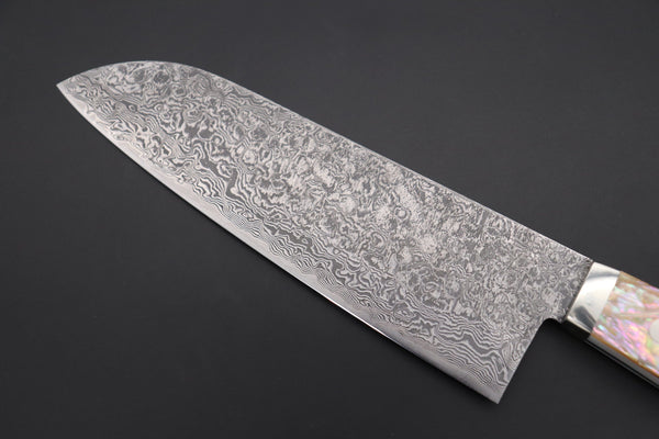 Mr. Itou Santoku Mr. Itou R-2 Custom Damascus Santoku 170mm (6.6 inch) "White Abalone Handle" (IT-224)