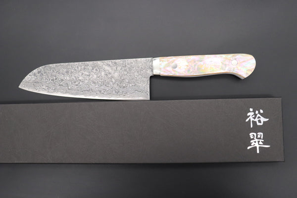 Mr. Itou Santoku Mr. Itou R-2 Custom Damascus Santoku 170mm (6.6 inch) "White Abalone Handle" (IT-224)