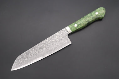 Mr. Itou Santoku Mr. Itou R-2 Custom Damascus Santoku 180mm (7 inch, Green Color Stabilized Maple Burl Wood Handle, IT-226)