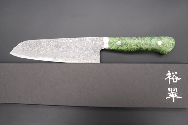 Mr. Itou Santoku Mr. Itou R-2 Custom Damascus Santoku 180mm (7 inch, Green Color Stabilized Maple Burl Wood Handle, IT-226)