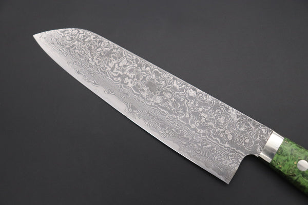 Mr. Itou Santoku Mr. Itou R-2 Custom Damascus Santoku 180mm (7 inch, Green Color Stabilized Maple Burl Wood Handle, IT-226)