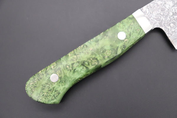 Mr. Itou Santoku Mr. Itou R-2 Custom Damascus Santoku 180mm (7 inch, Green Color Stabilized Maple Burl Wood Handle, IT-226)