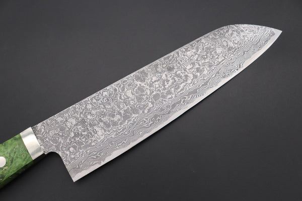 Mr. Itou Santoku Mr. Itou R-2 Custom Damascus Santoku 180mm (7 inch, Green Color Stabilized Maple Burl Wood Handle, IT-226)