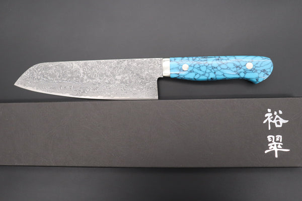 Mr. Itou Santoku Mr. Itou R-2 Custom Damascus Santoku 180mm (7 inch) "Turquoise Gem-Composite Stone Handle" (IT-225)