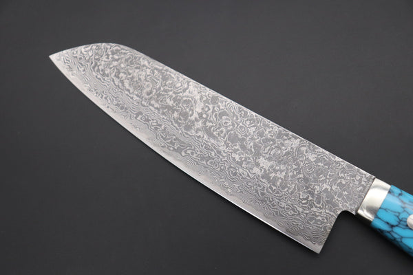 Mr. Itou Santoku Mr. Itou R-2 Custom Damascus Santoku 180mm (7 inch) "Turquoise Gem-Composite Stone Handle" (IT-225)