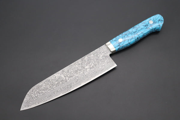 Mr. Itou Santoku Mr. Itou R-2 Custom Damascus Santoku 180mm (7 inch) "Turquoise Gem-Composite Stone Handle" (IT-225)