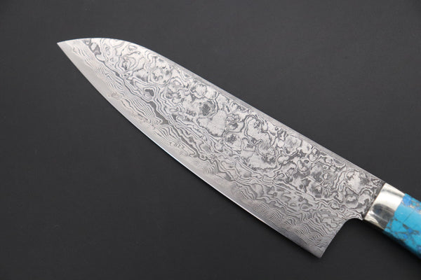 Mr. Itou Santoku Mr. Itou R-2 Custom Damascus Small Santoku 135mm (5.3 inch ,Golden Turquoise Gem-Composite Stone Handle, IT-220)