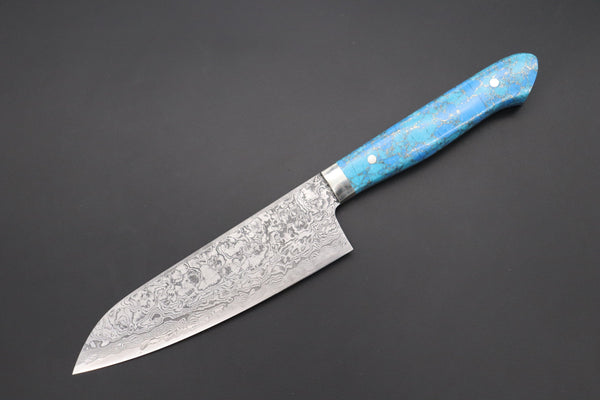 Mr. Itou Santoku Mr. Itou R-2 Custom Damascus Small Santoku 135mm (5.3 inch ,Golden Turquoise Gem-Composite Stone Handle, IT-220)