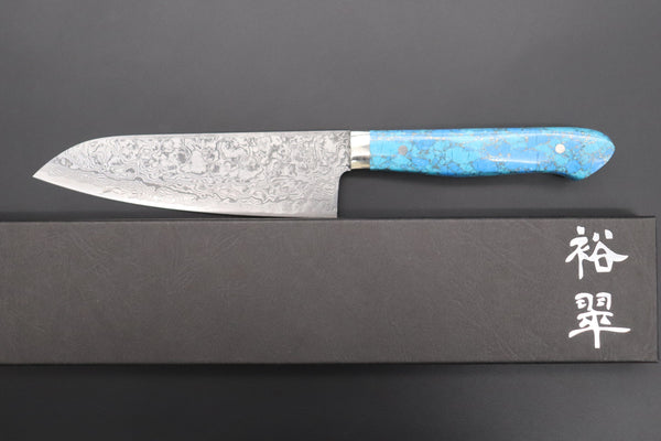 Mr. Itou Santoku Mr. Itou R-2 Custom Damascus Small Santoku 135mm (5.3 inch ,Golden Turquoise Gem-Composite Stone Handle, IT-220)