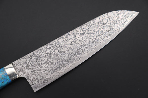 Mr. Itou Santoku Mr. Itou R-2 Custom Damascus Small Santoku 135mm (5.3 inch ,Golden Turquoise Gem-Composite Stone Handle, IT-220)