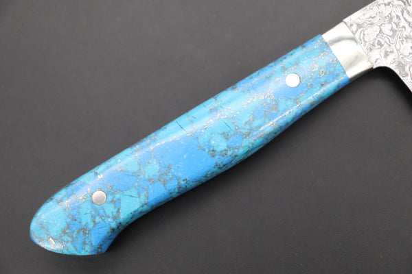 Mr. Itou Santoku Mr. Itou R-2 Custom Damascus Small Santoku 135mm (5.3 inch ,Golden Turquoise Gem-Composite Stone Handle, IT-220)